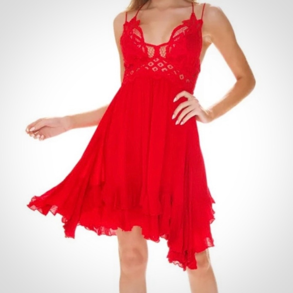 Southern Fried Chics Flirty Flare Lace Cutout Strappy Elegant Vibrant Red Dress - Picture 2 of 10